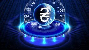 The white currency symbol is in the center of a slowly spinning globe in a circle with continuous random numbers.