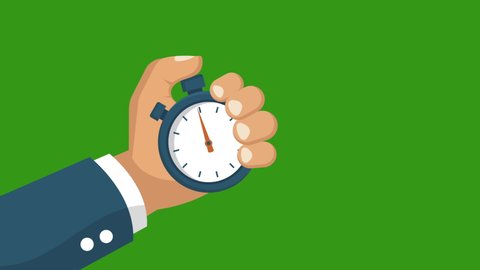 Man Holds In His Hand Sports Stopwatch.4K Video motion animation.green background.flat style