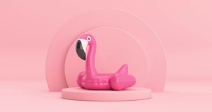 4k Resolution Video: Summer Swimming Pool Inflantable Rubber Pink Flamingo Toy Rotating over Pink Cylinders Products Stage Pedestal on a pink background