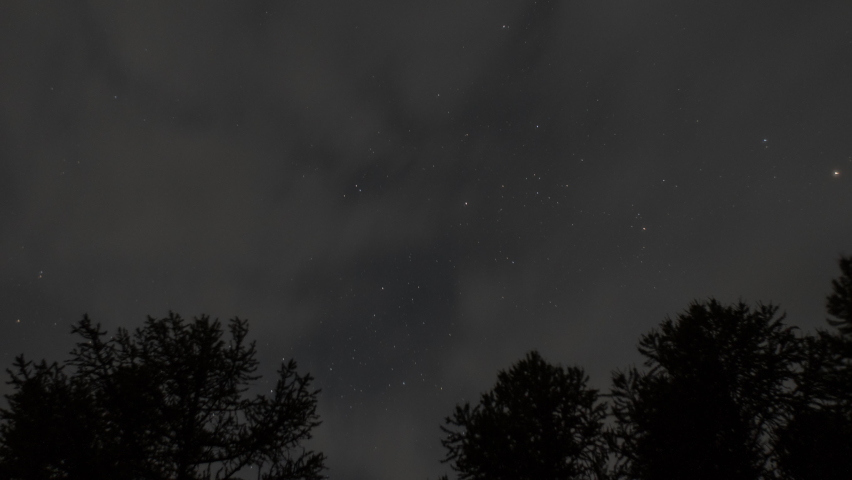 Altai Republic, Russia - September 02 2021: Panorama of the night sky in the forest, timelapse