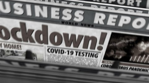 Lockdown COVID-19, closed economy and business crisis in coronavirus pandemic daily newspaper report printing. Abstract concept retro 3d rendering seamless looped animation.