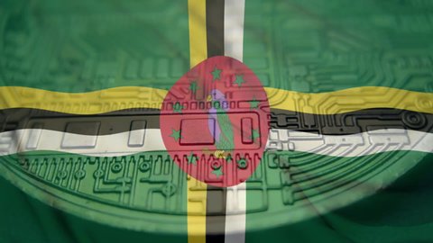 Republic of Commonwealth of Dominica flag with Bitcoin Crypto currency. Concept showing national regulations, laws and monetary policy regarding the adoption of Digital Cash