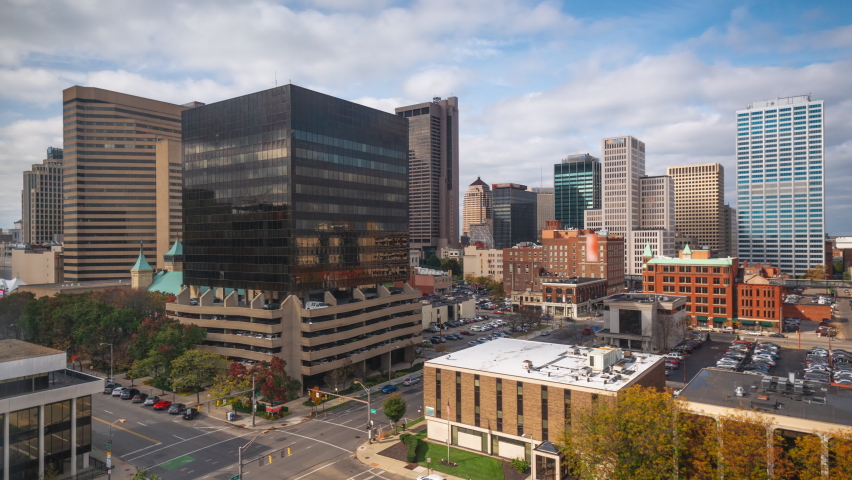 Columbus, Ohio, USA downtown city skyline with office buildings in the day.