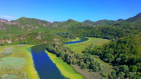 Aerial view on Canyon of Rijeka Crnojevica river near the Skadar lake coast. One of the most famous views of Montenegro.