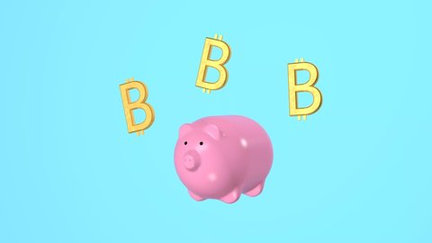 Piggy bank and three bitcoins. 3D animation. Accumulation and investment concept, crypto currency.