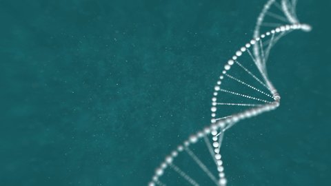 Abstract DNA 3D animation on blue background. Hologram blue glowing rotating DNA double helix. Science and medicine concepts. Seamless loopable background floating particles in the background.