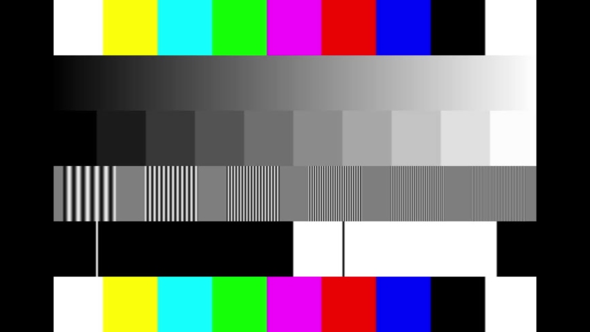 Glitch effect during cesta rendering of the old tv. Test pattern from a tv transmission with colorful bars on the screen of an old illuminated picture tube. SMPTE color bars with VHS effect. | Shutterstock HD Video #1083047185