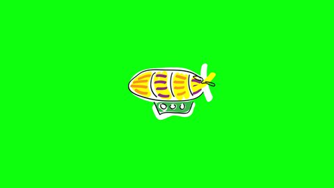 Cartoon large airship flies. A yellow airship with a green passenger cabin. Style: children's freehand drawing. 2D flat bright animation. Looped video. Side view. | 4k | Green screen | 