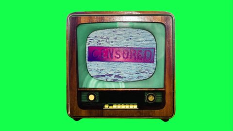 The word censorship on the TV screen. Censorship stamp on a tv monitor on a green chroma key