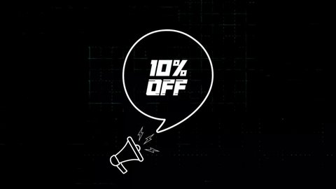 Megaphone with speech bubble and the 10 percent off text on old tv glitch interference screen. Animation of retro 10 percent off. 4K video motion graphic