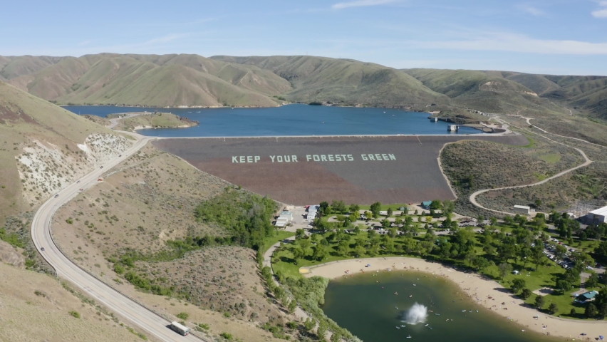 Lucky Peak Dam and Reservoir and Sandy Point Beach in Lucky Peak State Park.