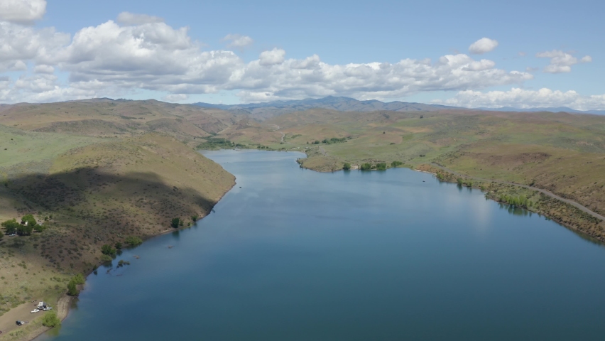 Aerials of Mann Creek Reservoir near Weiser, Idaho in summer.