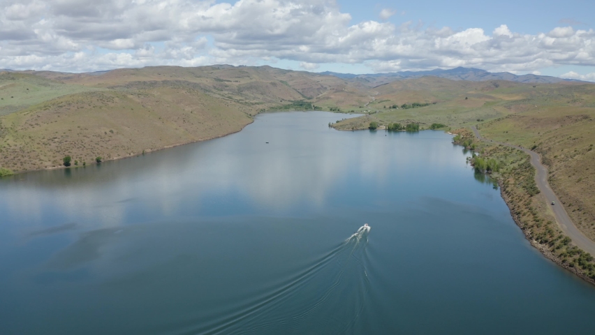 Aerials of Mann Creek Reservoir near Weiser, Idaho in summer.