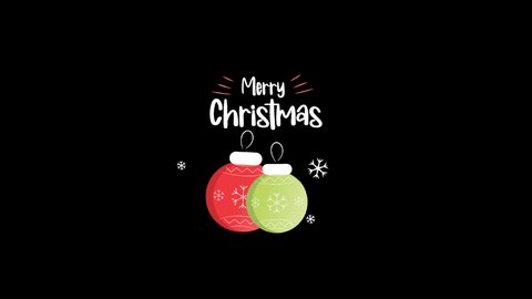 Merry Christmas Cartoon Title with Christmas Balls Ornaments Icon Isolated on Transparent Background. Christmas Greeting Card in Cool Typography Lettering. 4K Ultra HD Video Motion Graphic Animation.