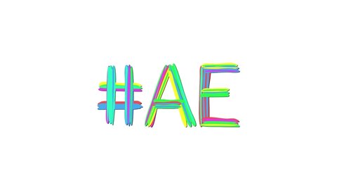 Hashtag #AE. Animated text from color curved lines like from marker, oil paint. Isolated on white background, 4k video. Trendy popular Hashtag #AE for computer social network, mobile apps, games
