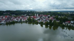 Aerial view of the city Bad Waldsee in Germany on a cloudy afternoon in summer.