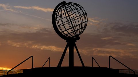 Globe at the North Cape, Time Lapse at Sunrise with Colorful Clouds, Norway