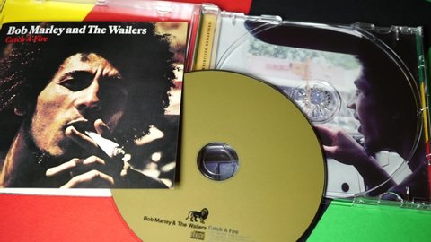 Rome, Italy - November 24, 2021, detail of the cover and cd Catch a Fire, sixth studio album by reggae group The Wailers, released in 1973.