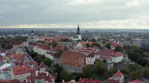 Aerial view cityscape Tallinn Estonia. Old town with ancient cathedrals old houses and pedestrian streets in the capital of the Baltic state.
