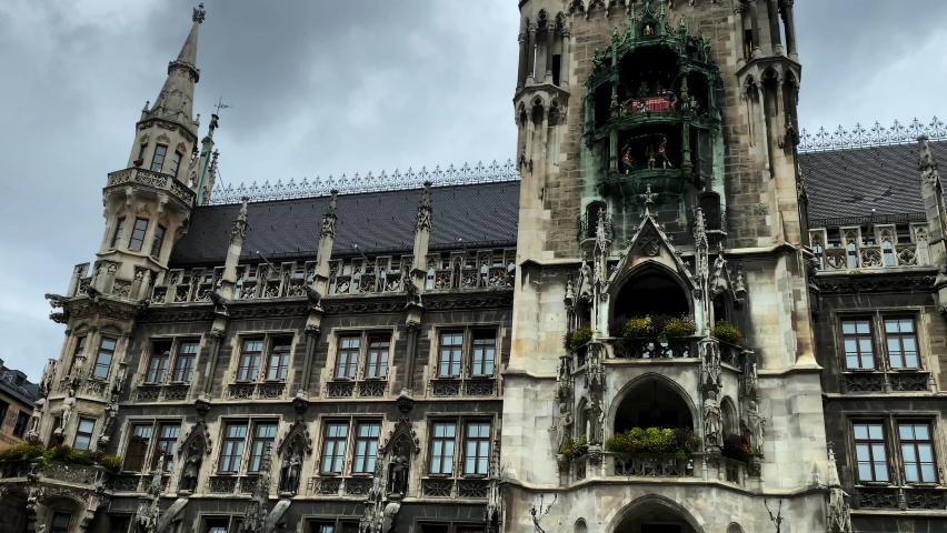 Munich, Germany , New City Hall at Marienplatz square in sunny day. 4K