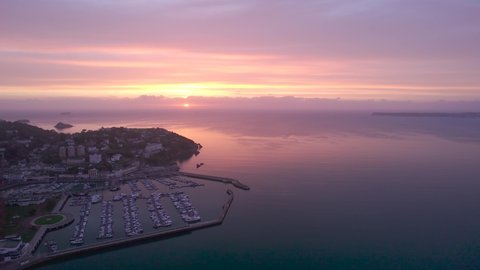 Torquay and Torquay Marina from a drone in dawn time, Torbay, Devon, England, Europe