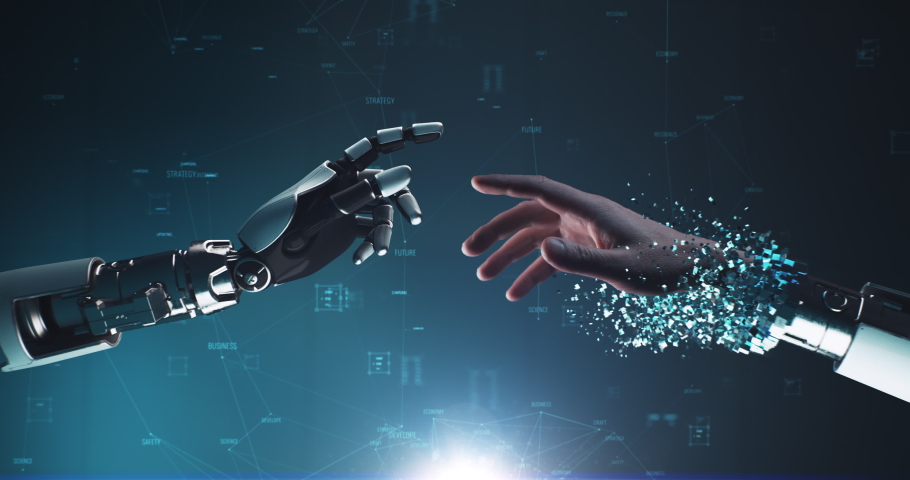 Robotic hand touching and turning crop cyborg into businessman against digital graphs and data | Shutterstock HD Video #1083085864