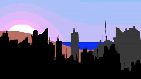 8 bit pixel city. 3d animation