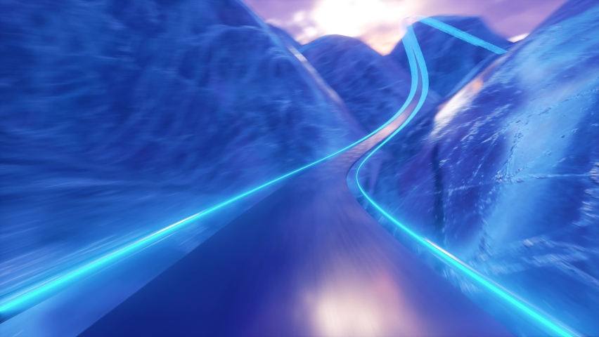 4K Moving through the abstract glossy ice mountains on a sunset background. Riding on Roller-Coaster with blue Neon Lights Extremely Fast Seamless. Looped 3d Animation of Abstract Roller Coaster 
