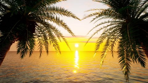 The sun setting over the ocean horizon as viewed between palm trees blowing in the gentle summer breeze, loop-able.