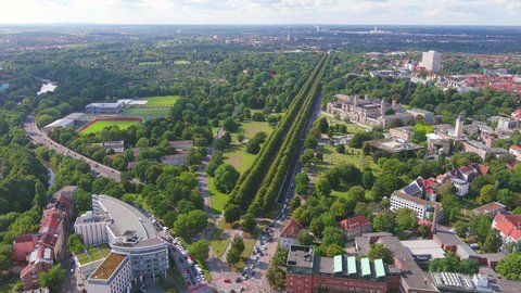 Hanover: Aerial view of city in Germany, main building of University of Hanover (Leibniz Universität Hannover) - landscape panorama of Europe from above
