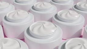 Moisturizing face cream in white bottles moves. Cosmetic products in jar for makeup and skincare. Hyaluronic acid for hydration skin. 3D animation, pattern. Top view. - Powered by Shutterstock - Get 15% off with code: PIKWIZARD15
