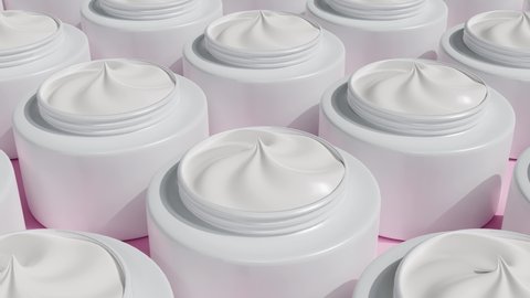 Moisturizing face cream in white bottles moves. Cosmetic products in jar for makeup and skincare. Hyaluronic acid for hydration skin. 3D animation, pattern. Top view.