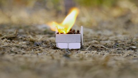 matchbox fire stick burning at soil field on natural green blur background