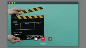 Movie Clapper Board. Director Film Slate. Film crew hold and clapping film slate in video recording. Using for cut action or visual effects and scene prop. Clapperboard of movie production.