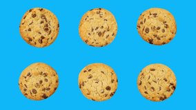 Cookies on blue animation. Oatmeal sugar cookies with chocolate chips, round biscuits looping motion, animated food pattern top view