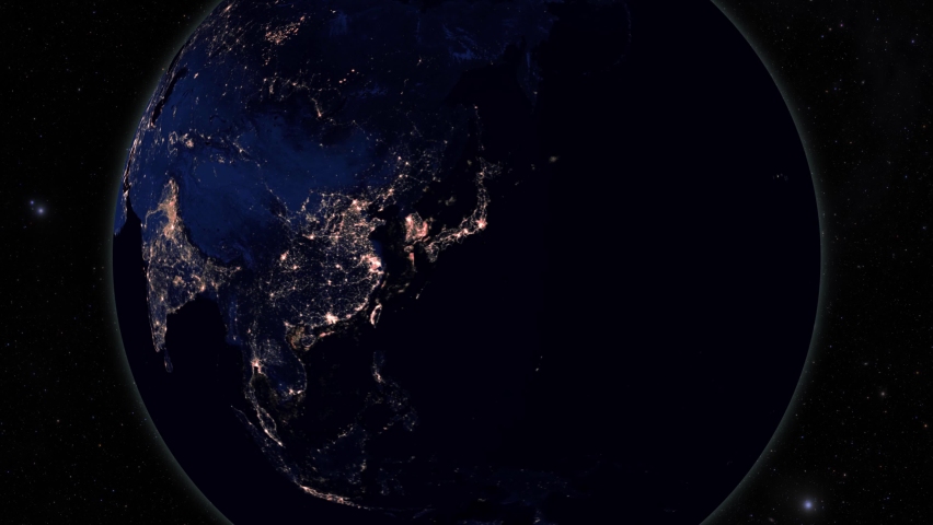 World Zoom Into Asia - Planet Earth. The Night View of Asia Cites Lights from space .Elements of this image furnished by NASA. Asia view from space at night 
