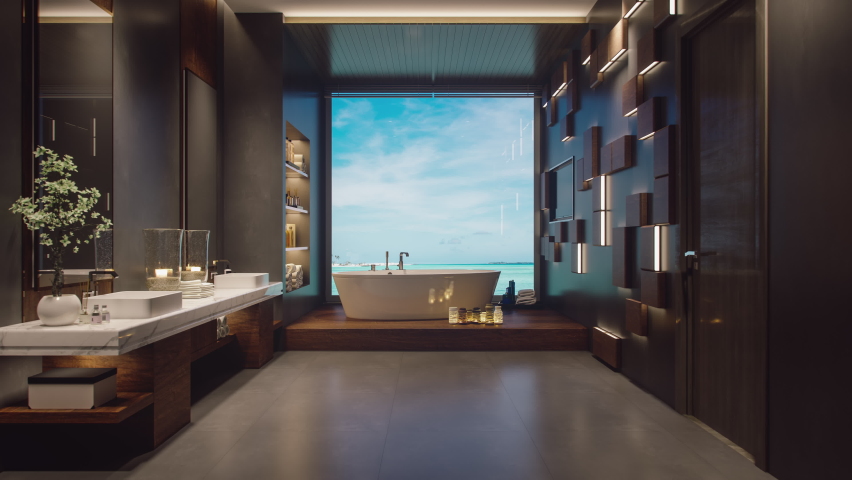 Luxury Bathroom Interior With Bathtub And Beautiful Ocean View | Shutterstock HD Video #1083101788