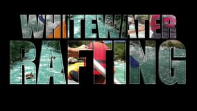 Whitewater Rafting  - Animated Text On Black Background. Whitewater Rafting Teams Descending Raging Rapids with Paddles Splashing in Water. People In Rafting Boats Drone Point Of View.