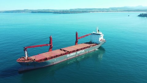 Santander , Cantabria , Spain - 10 23 2021: Empty container ships and the Global Supply Chains’ Crisis associated to Covid 19 Pandemic