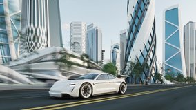 The concept of the modern world. Moving to the future. Old and new city concept. Concept of the future. Retro car on city streets. Retro futuristic city. Car driving to the future - Powered by Shutterstock - Get 15% off with code: PIKWIZARD15