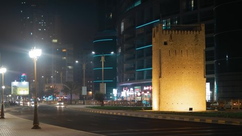 Ajman, United Arab Emirates - May 22, 2021: Night View Of Ancient Old Stone AlMurabbaa Watchtower Of Ajman. Close Up Details. Famous Landmark.