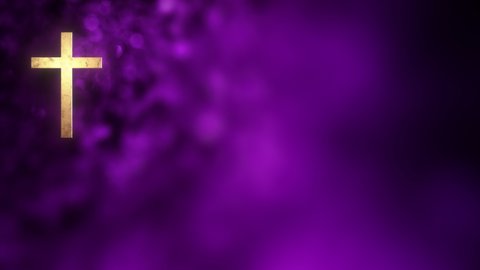 Christian Cross on liturgical purple horizontal copy space background loop. 3D animation for online worship and social media greetings illustrating Advent, Lent seasons, and wealth, power, and royalty
