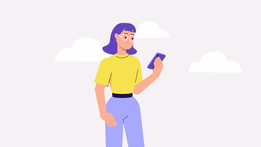 girl character holding phone and present box pops up. 2d flat animation. Gift give away, Mobile Marketing, earning prizes, bonus or rewards from store. online present Royalty-Free Stock Footage #1083110956