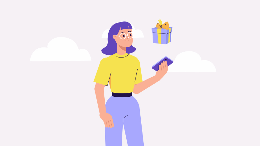 girl character holding phone and present box pops up. 2d flat animation. Gift give away, Mobile Marketing, earning prizes, bonus or rewards from store. online present Royalty-Free Stock Footage #1083110956