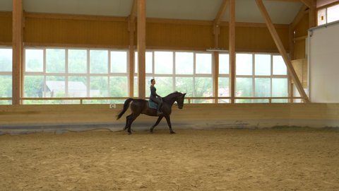 SLOW MOTION: Experienced female rider practices cantering with her stunning gelding during indoor flatwork practice. Young Caucasian woman horseback riding indoors warms up her dark brown stallion.