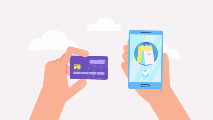 Online shopping concept animation. pay with credit card. online web store, social media app, customer. Smartphone with shopping bags. shop with mobile phone. 2d cartoon flat style