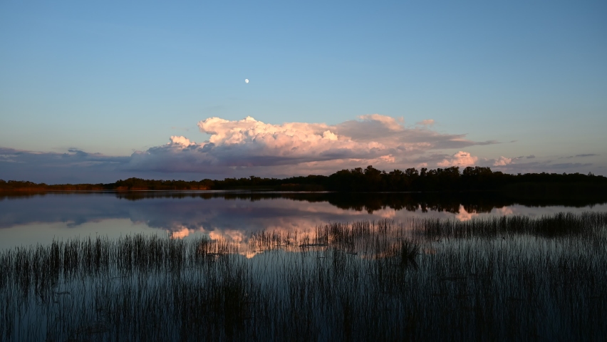 Moonrise over colorful clouds reflected in calm water of Nine Mile Pond in Everglades National Park, Florida at sunset 4K.
