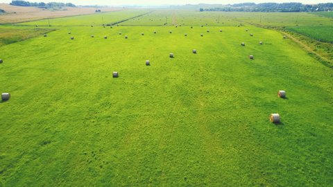 Haystack on field, drone view. Hay bale from residues grass. Hay stack for agriculture. Hay in rolls after combine harvester working in wheat field. Harvest season. Haystacks making.