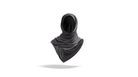 Blank black woman muslim hijab mock up, looped rotation, 3d rendering. Empty islamic burka or tube for face privacy mockup, isolated on white background. Clear female cotton head scarf template.