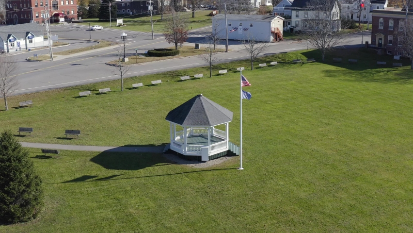 Aerial view of Town Square Park including a flagpole, gazebo, and benches. Shot in 4k using DJI Mavic Pro 2